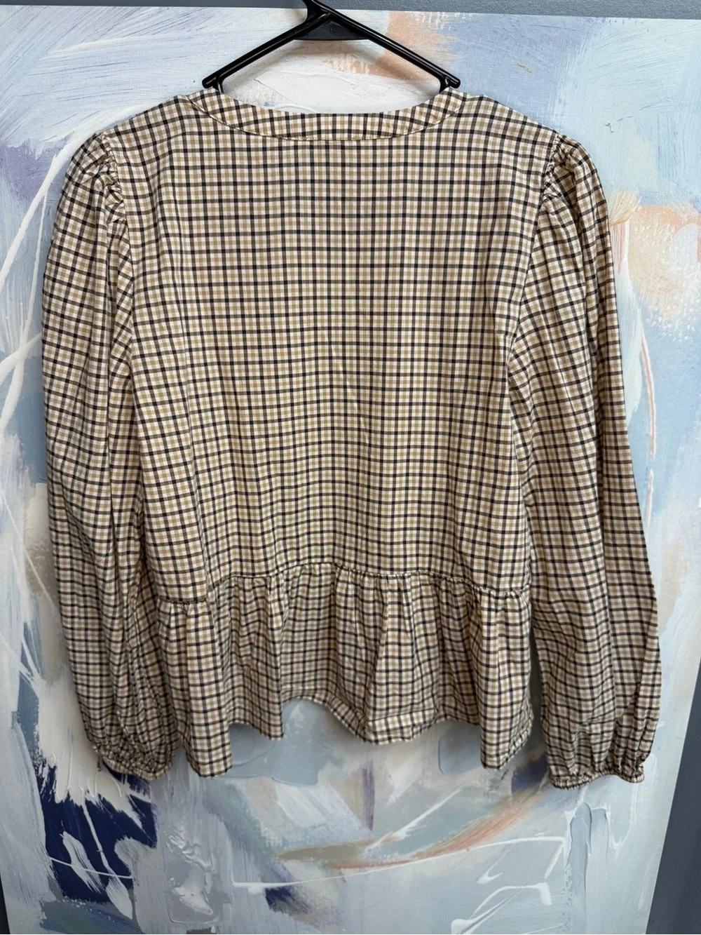 LOFT Outlet Plaid Cottagecore Peplum Top Brown Beige Long Sleeve Small 1139